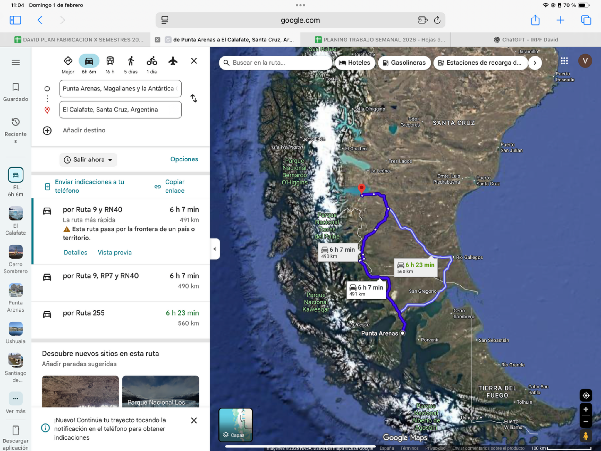 Punta Arenas → El Calafate — original route map