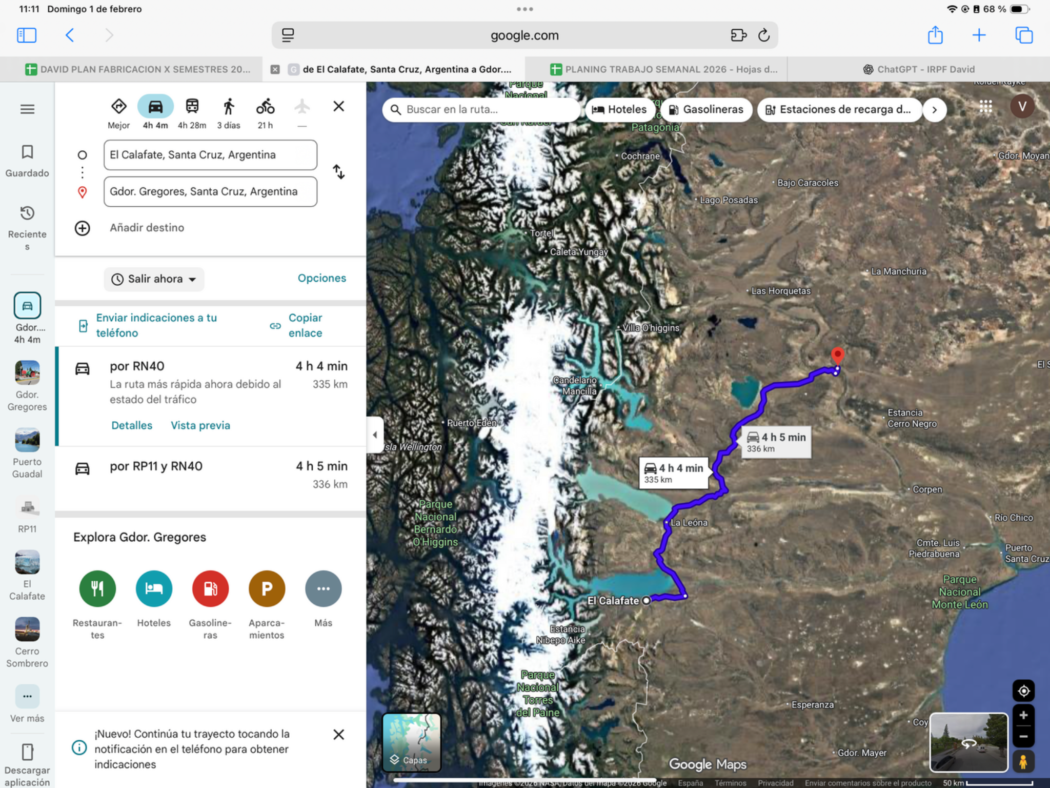 El Calafate → Gobernador Gregores — original route map